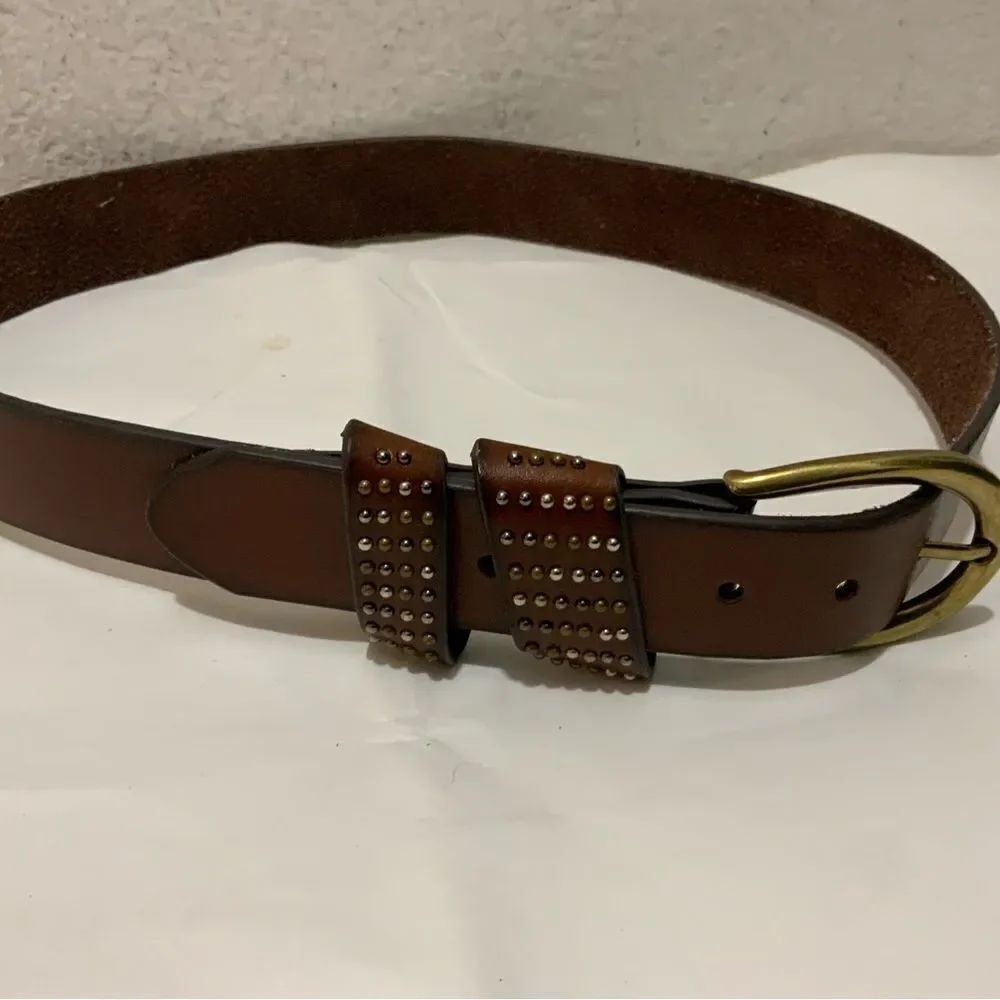 Great Northwest Brown Leather Belt STUDDED Grommets 1.5" Wide Chunky Boho M